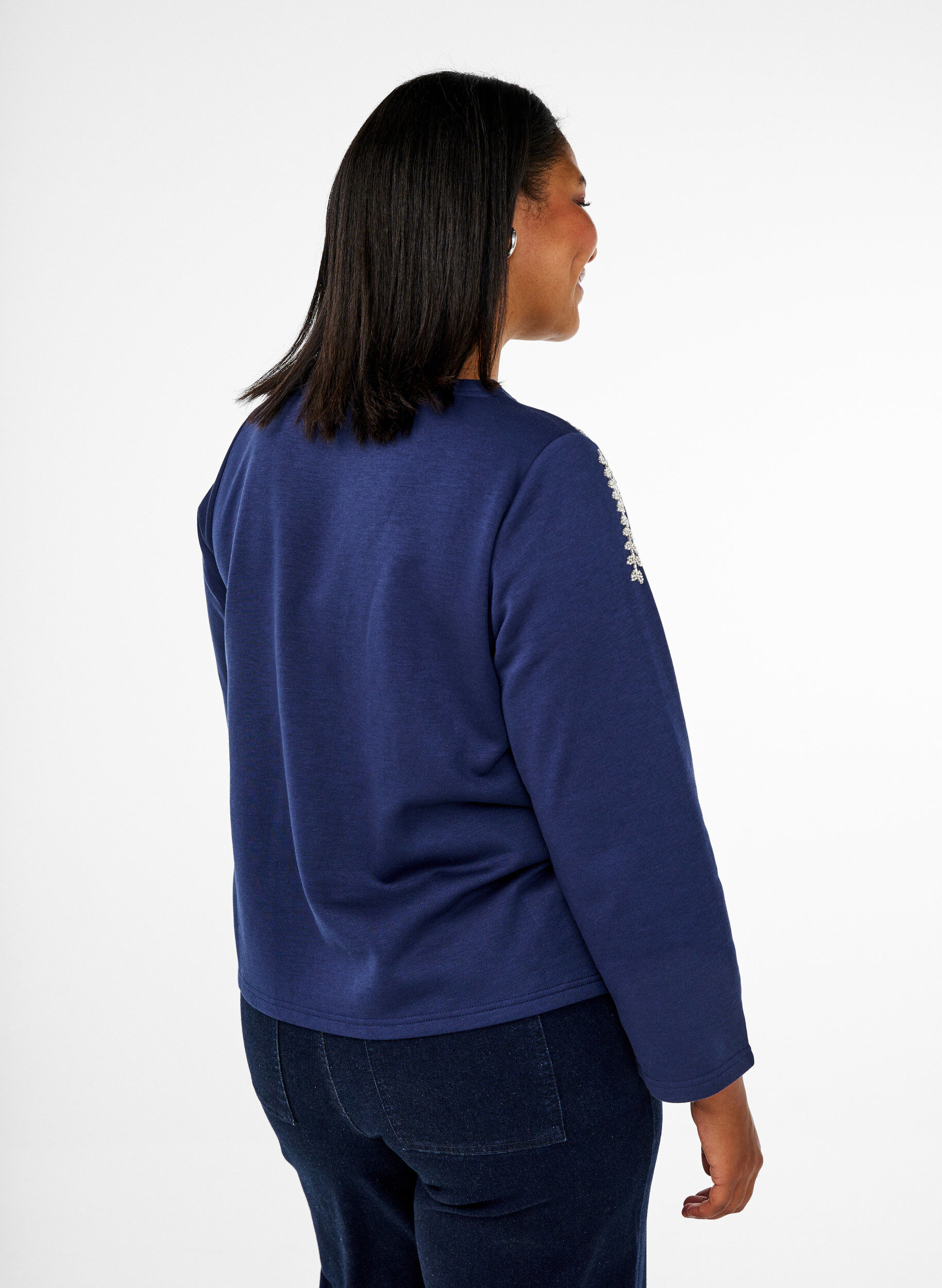 Zizzifashion Short sweatshirt with pearl details, Blue, Model image number 2