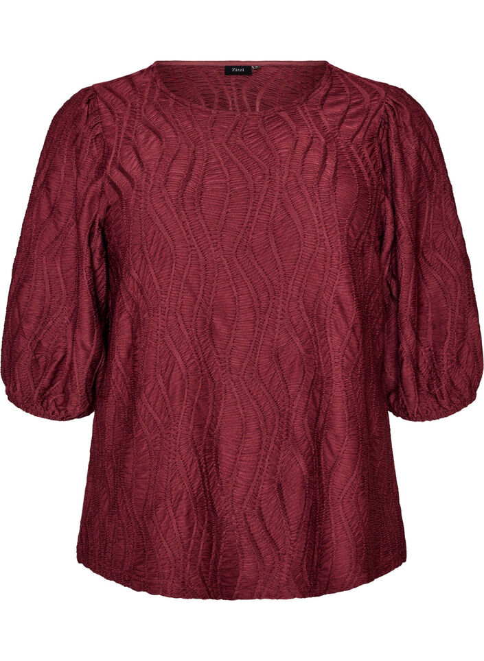 Blouse with texture and 3/4 sleeves, Red, Packshot image number 0