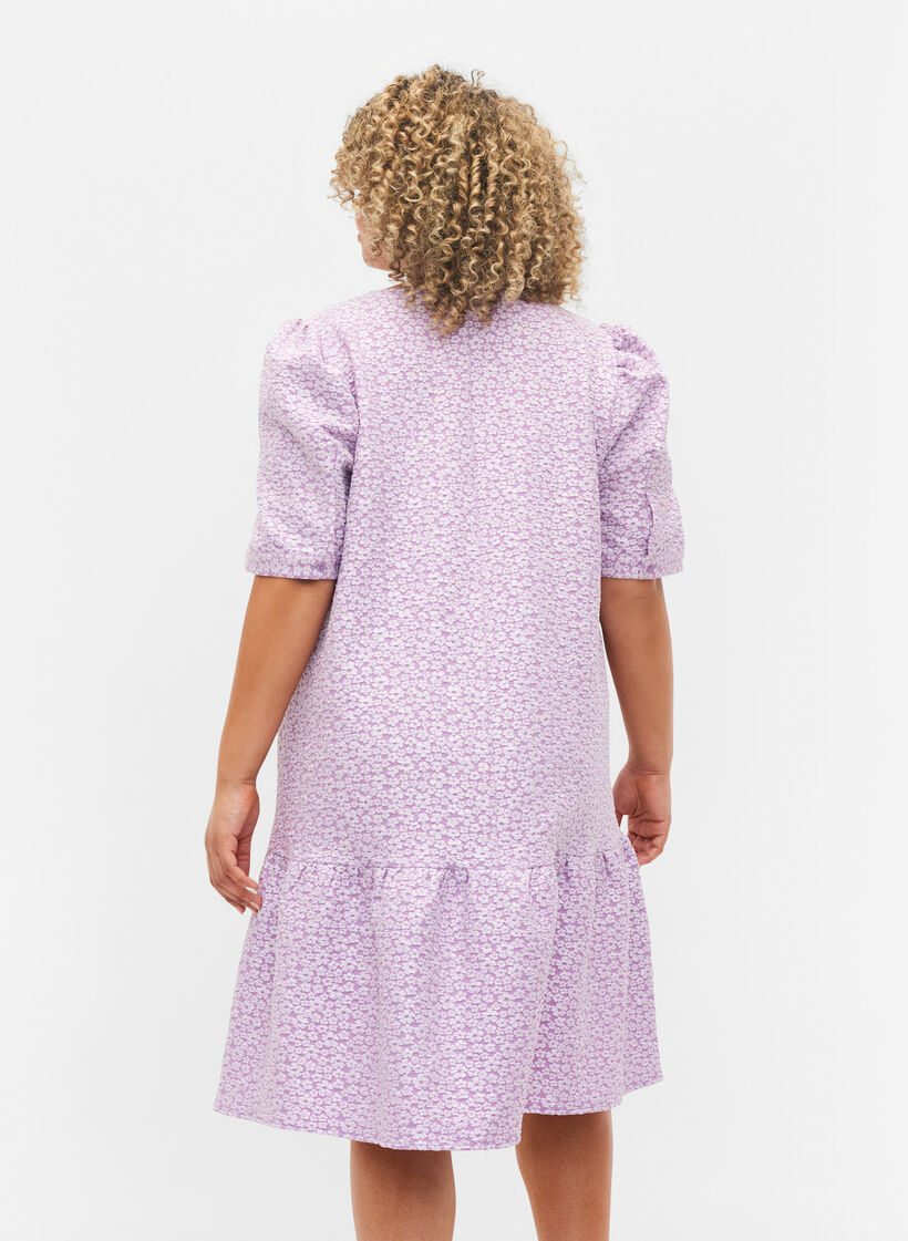 Short-sleeved v-neck dress with floral texture, Regal Orchid , Model image number 1