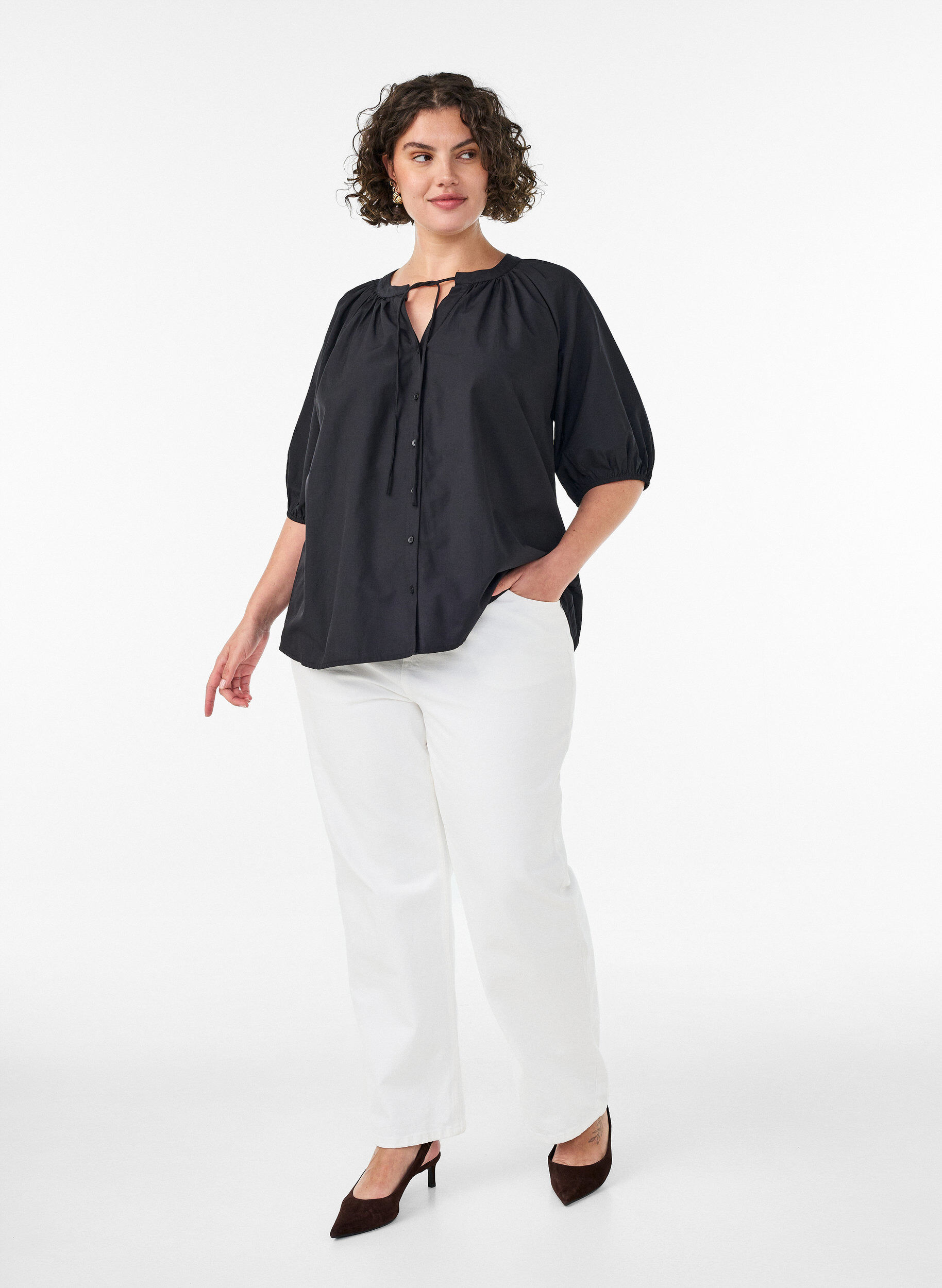 ZizzifashionShirt blouse with button fastening and tie-belt, Black, Model image number 1
