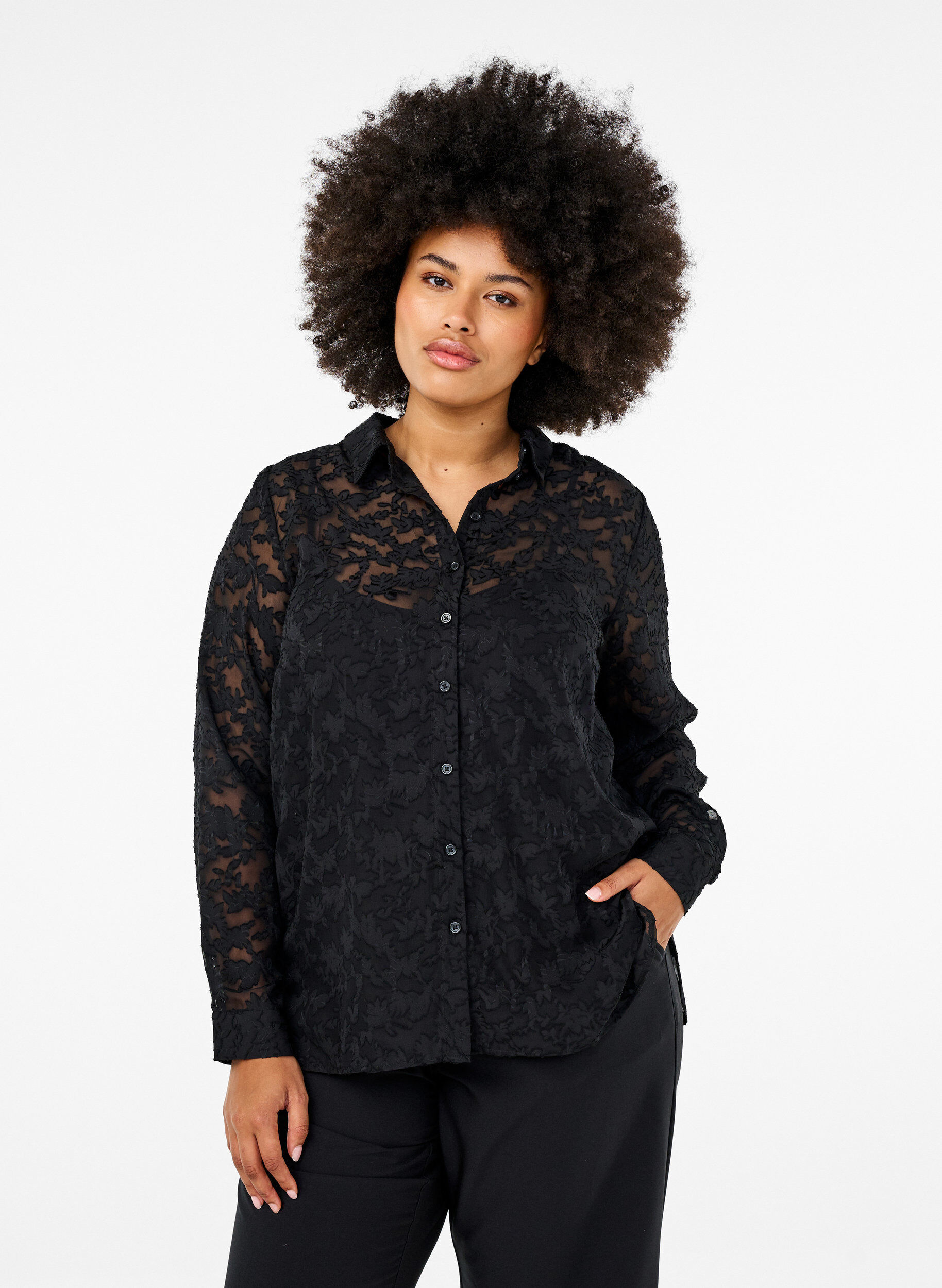 Zizzifashion Jacquard shirt with buttons, Black, Model image number 0