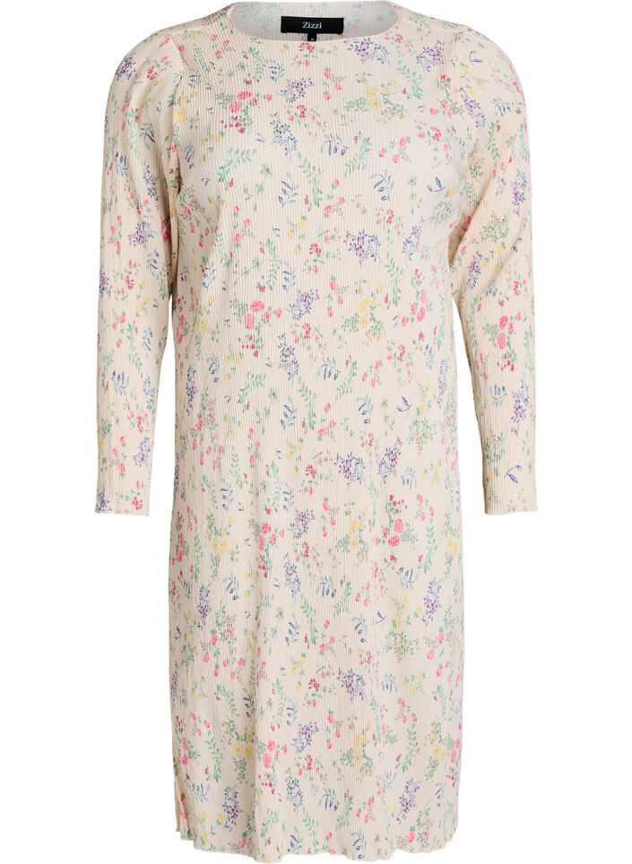 Dress with floral print and wavy texture, Beige, Packshot image number 0