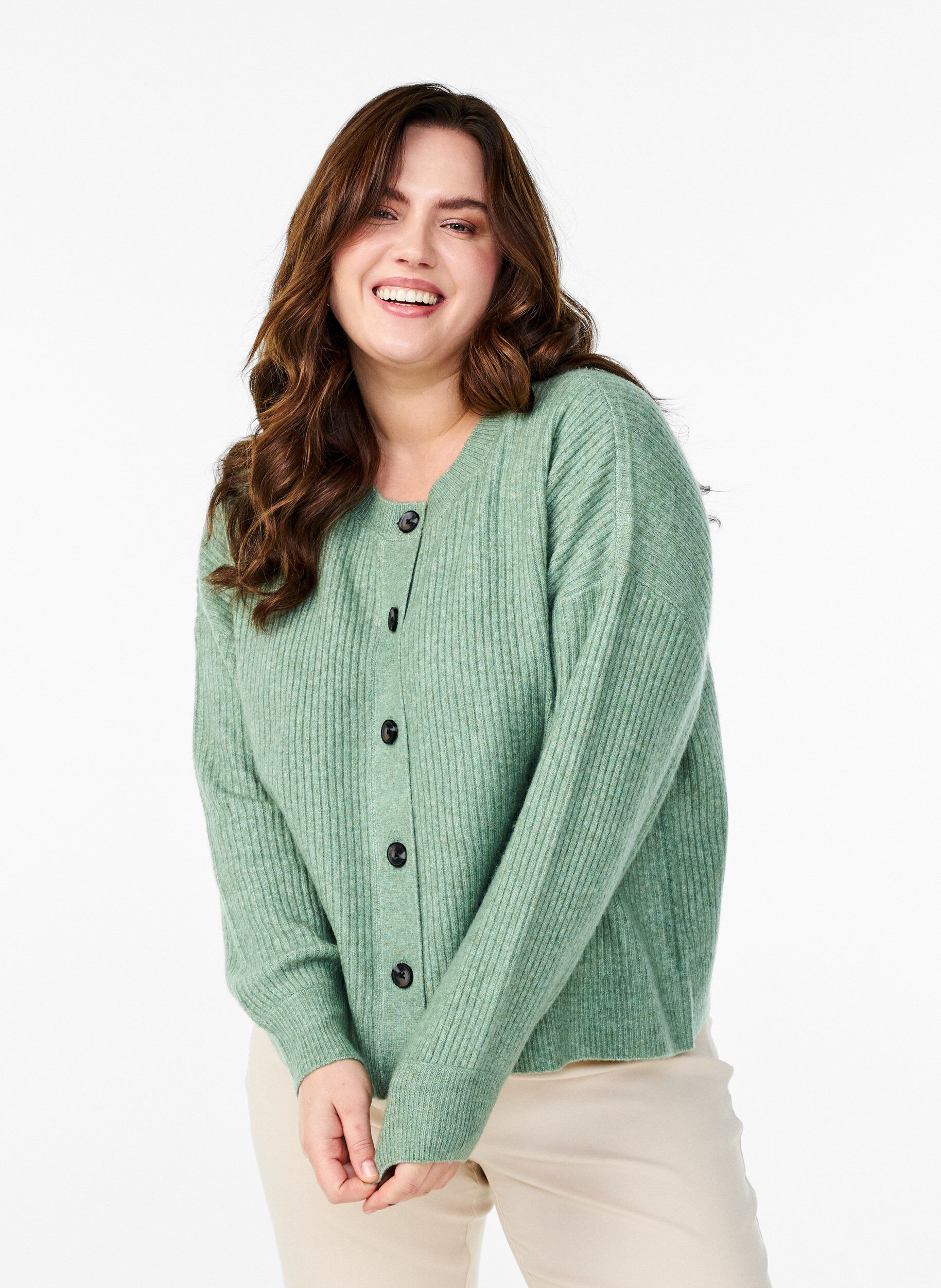 Zizzifashion Ribbed cardigan with buttons, Green, Model image number 0