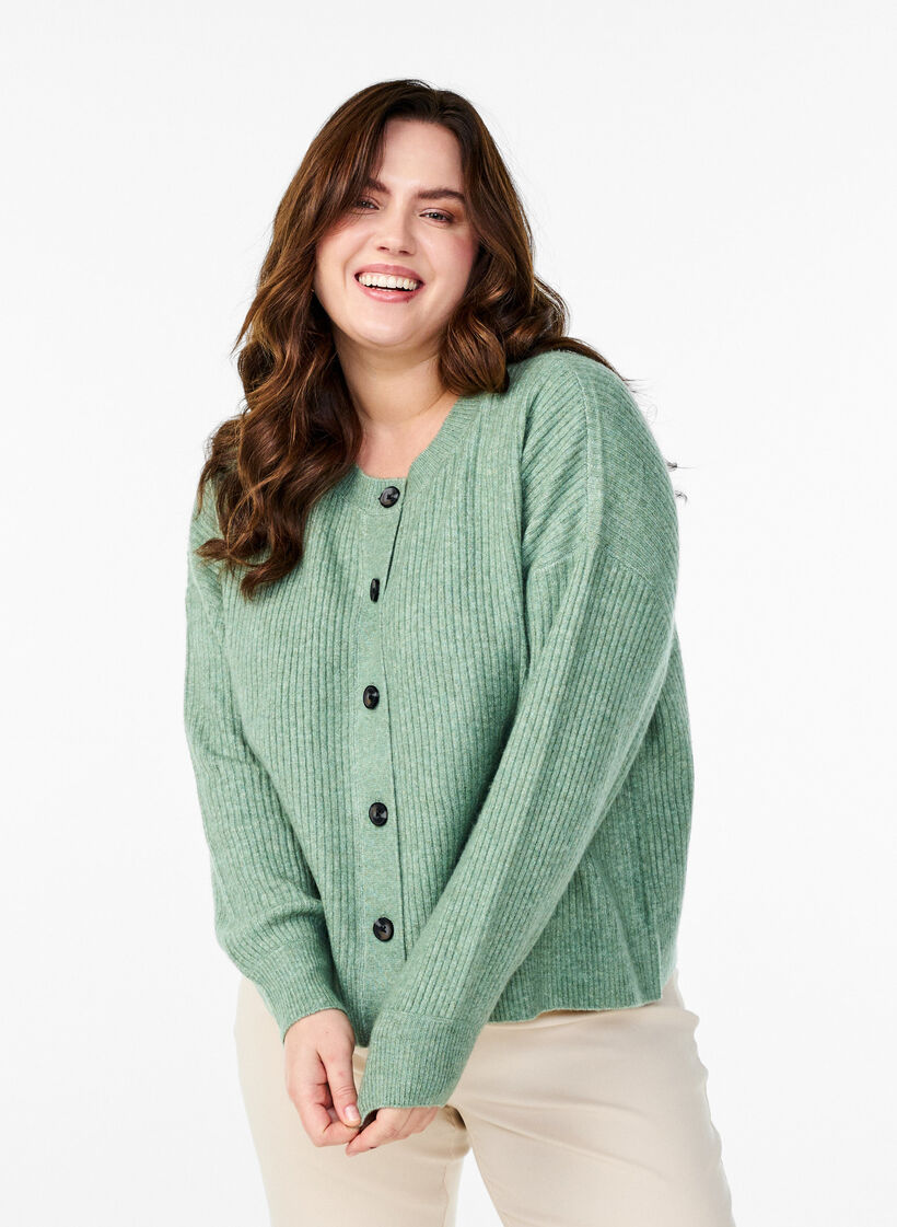 Rib knit cardigan with buttons, Green, Model image number 0