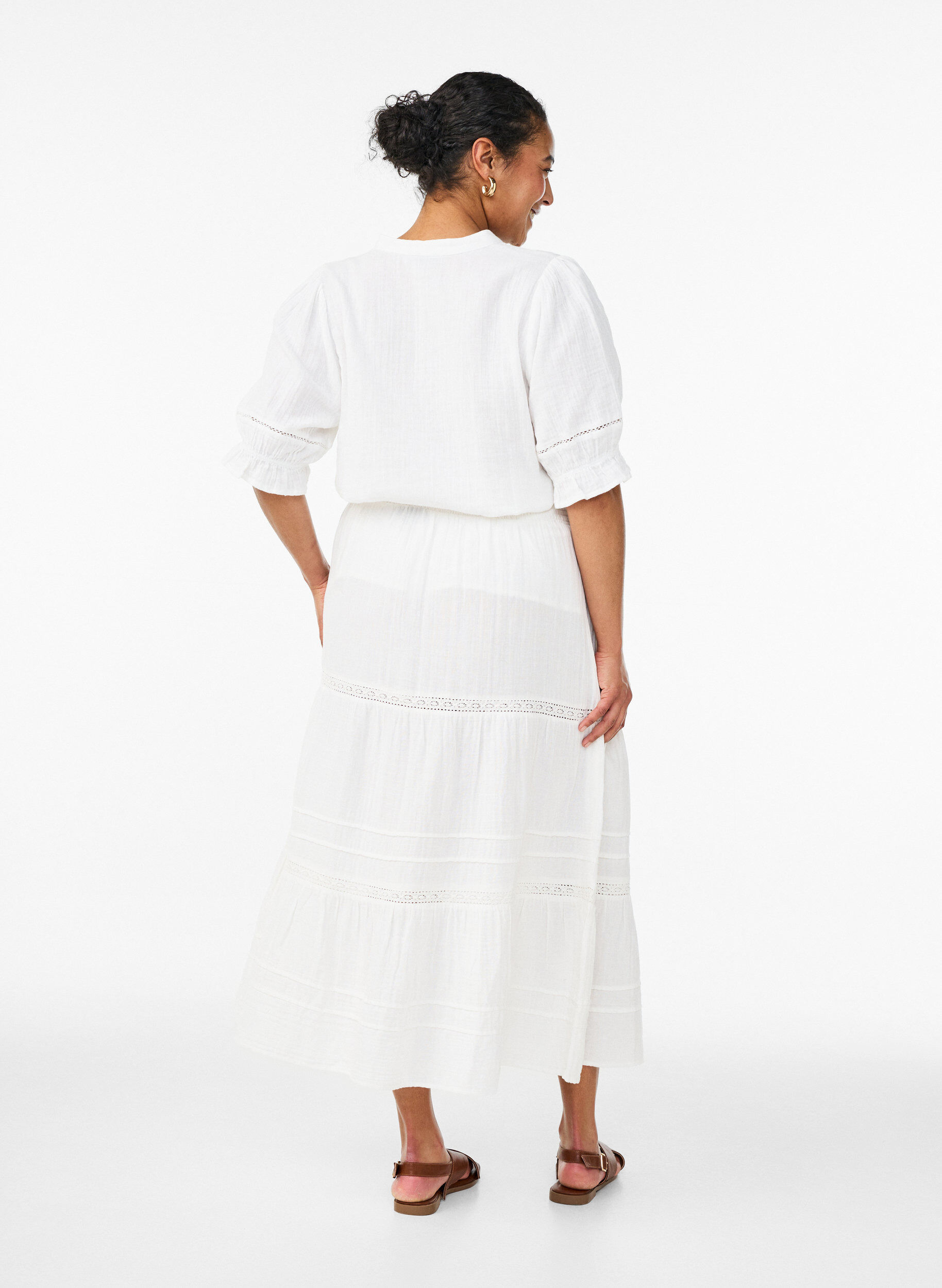 ZizzifashionA-line midi skirt in cotton muslin with crochet band, White, Model image number 1