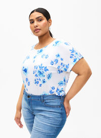 Floral viscose blouse with short sleeves, White Blue AOP, Model