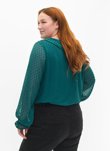 Blouse with ruffles and dotted texture, Shaded Spruce, Model image number 1