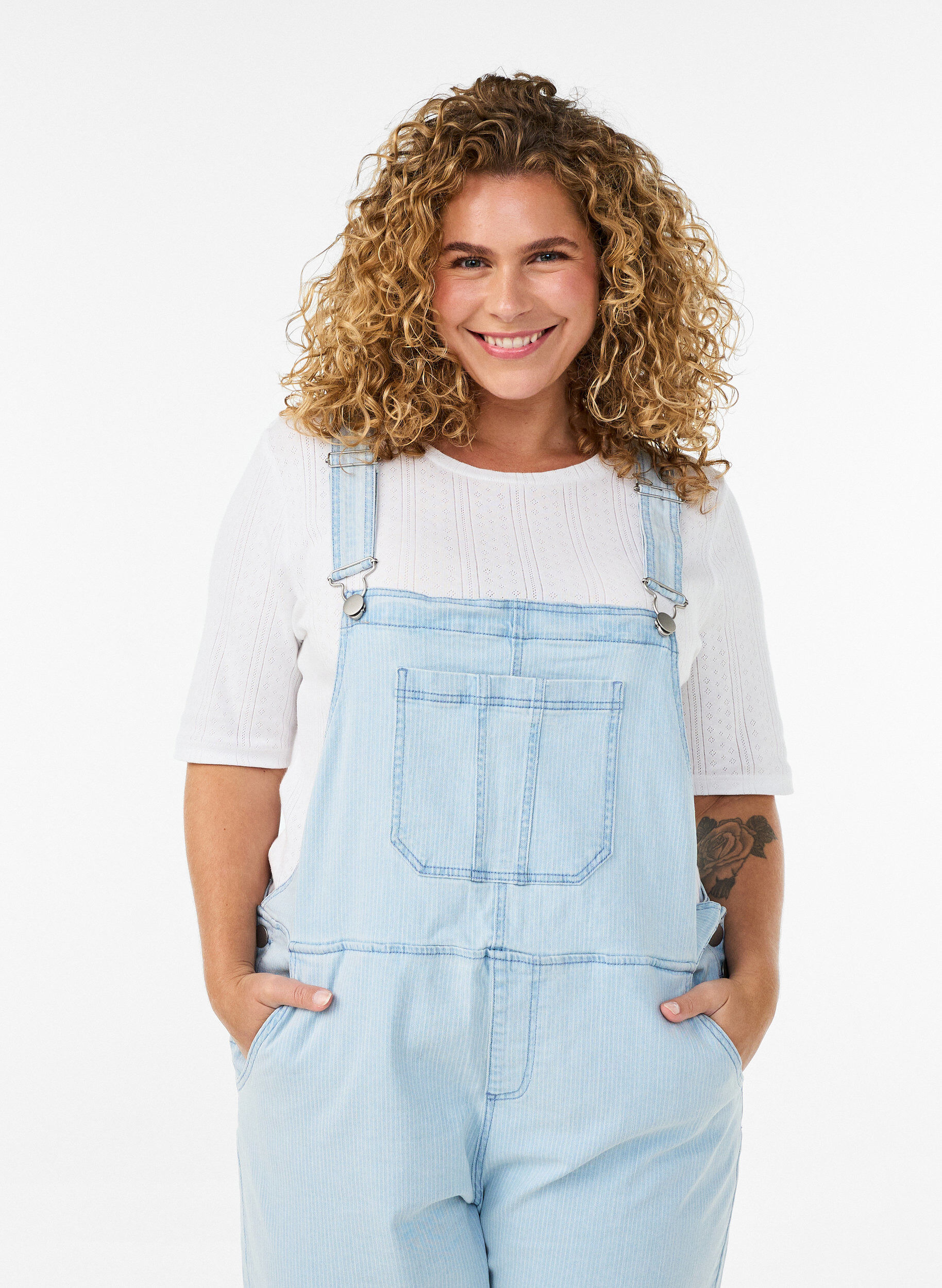 ZizzifashionStriped denim overalls, Light Blue, Model image number 2