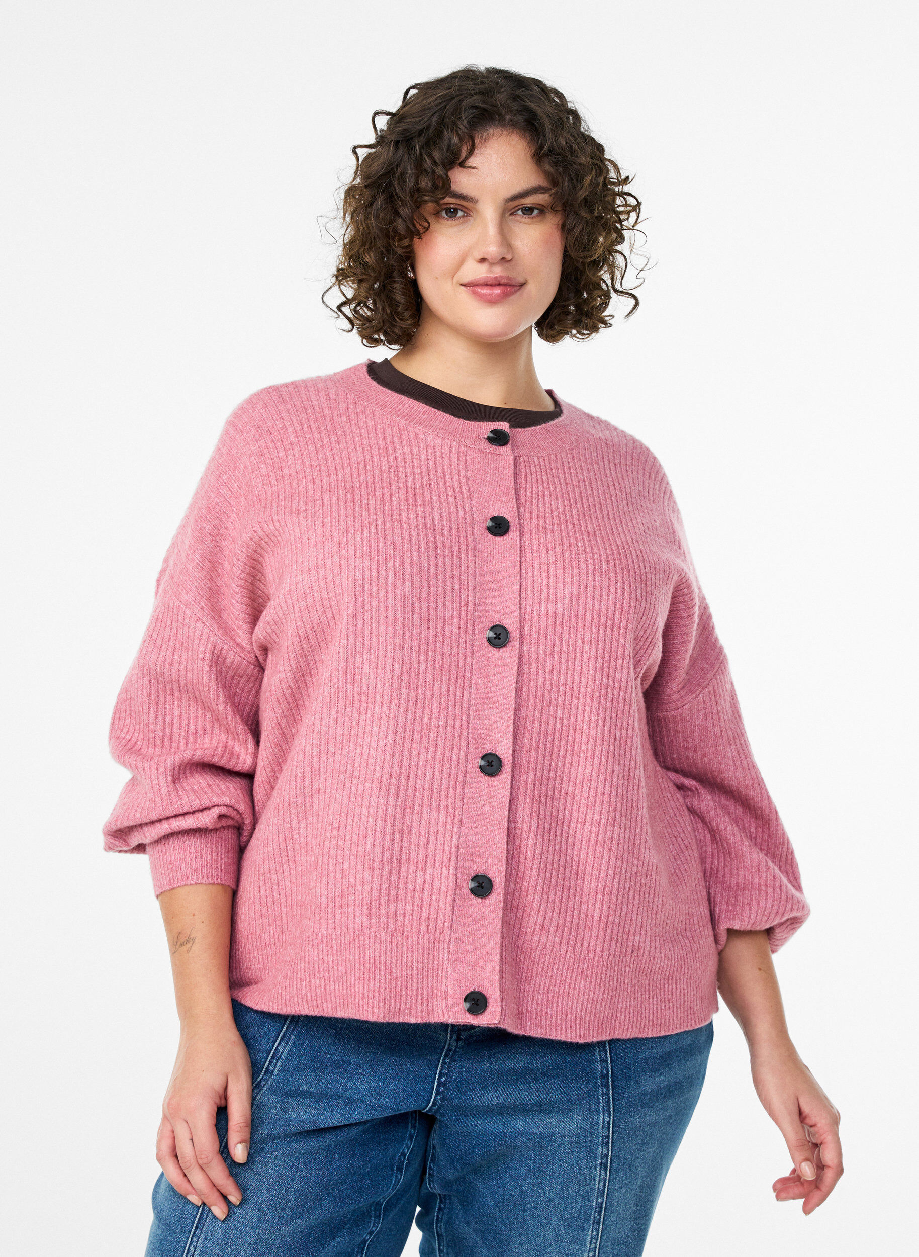 ZizzifashionRibbed cardigan with buttons, Rose, Model image number 0