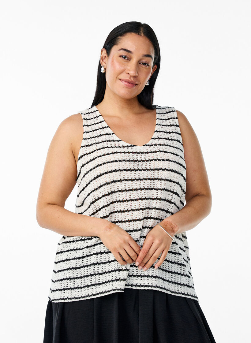 Sleeveless top with stripes and eyelet pattern, Vanilla, Model image number 0
