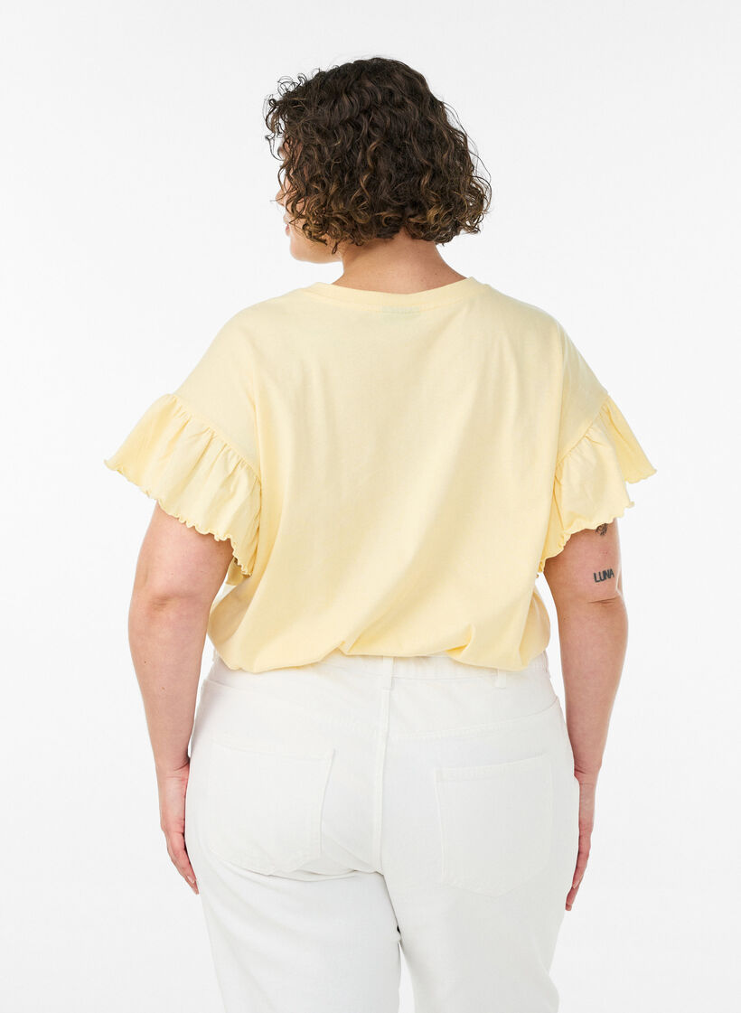 Organic cotton T-shirt with ruffle sleeves, Yellow, Model image number 2