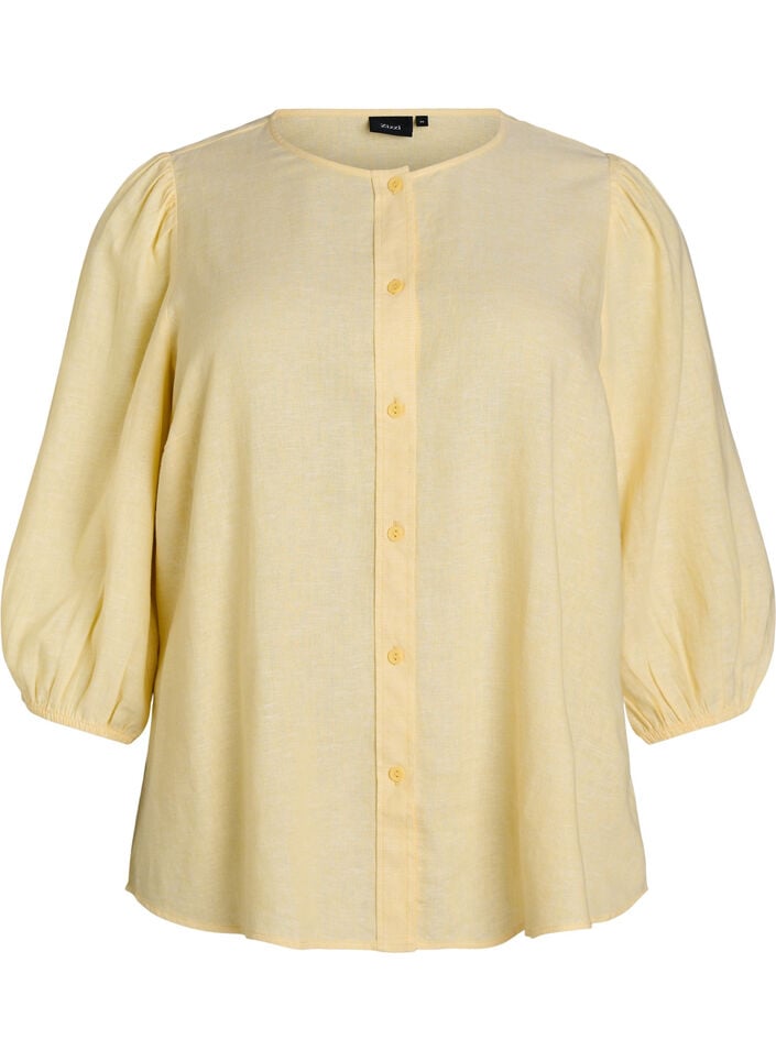 Shirt blouse in linen and viscose with 3/4-sleeves, Yellow, Packshot image number 0