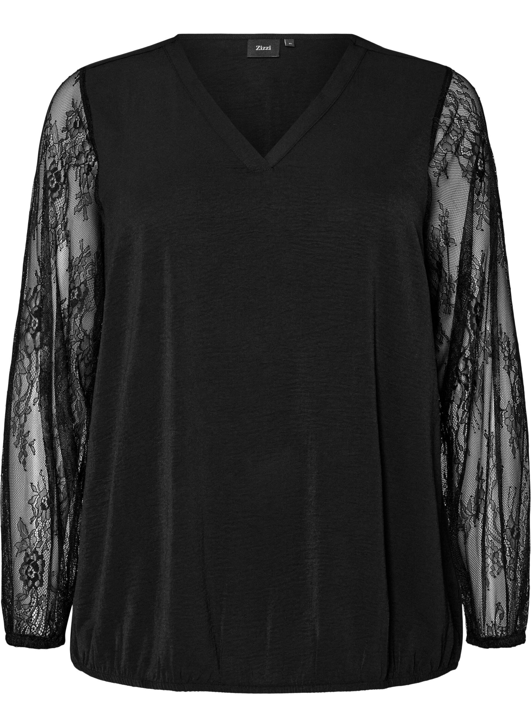 ZizzifashionBlouse with lace sleeves and balloon shape, Black, Packshot image number 0
