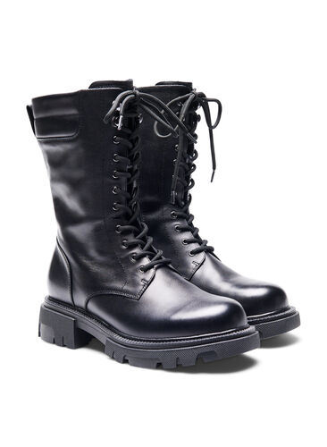 Wide fit leather boot with zip and laces, Black, Packshot image number 1