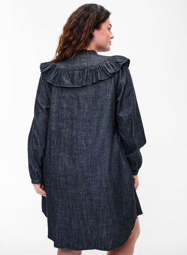 Ruffled denim dress with embellished buttons, Black Washed, Model image number 1