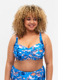 Printed bikini top, Bright Blue Print, Model