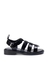 Wide fit sandal in shiny crocodile leather, Black, Packshot