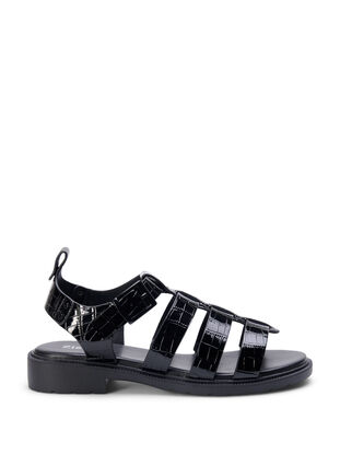 Wide fit sandal in shiny crocodile leather, Black, Packshot image number 0