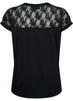 Short-sleeved cotton t-shirt with lace, Black, Packshot image number 1
