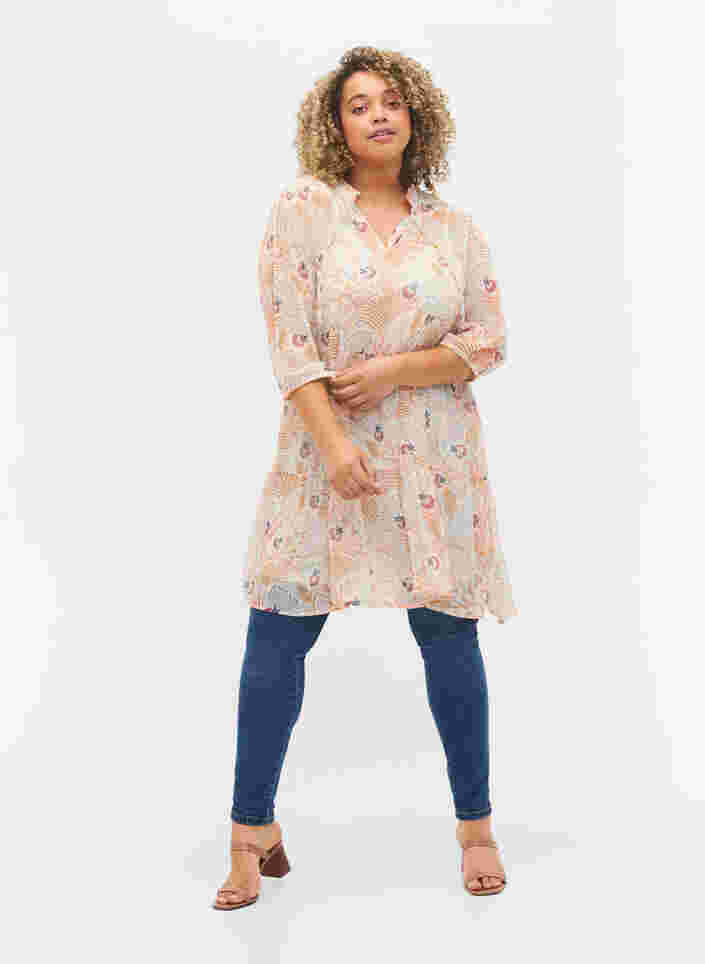Tunic with floral print and lurex, Yellow/Pink AOP, Model image number 2