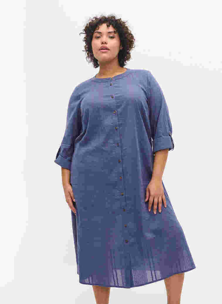 Cotton shirt dress with 3/4 sleeves, Nightshadow Blue, Model image number 0