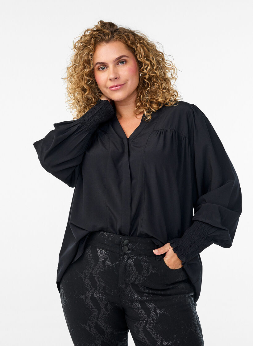 Blouse with ruffle collar and ruching, Black, Model image number 0