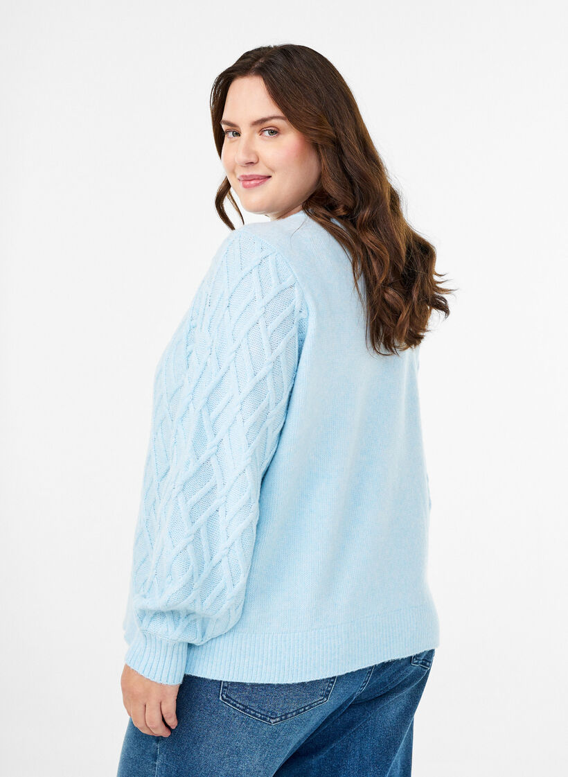 Cable knit cardigan with pearl buttons, Light Blue, Model image number 2