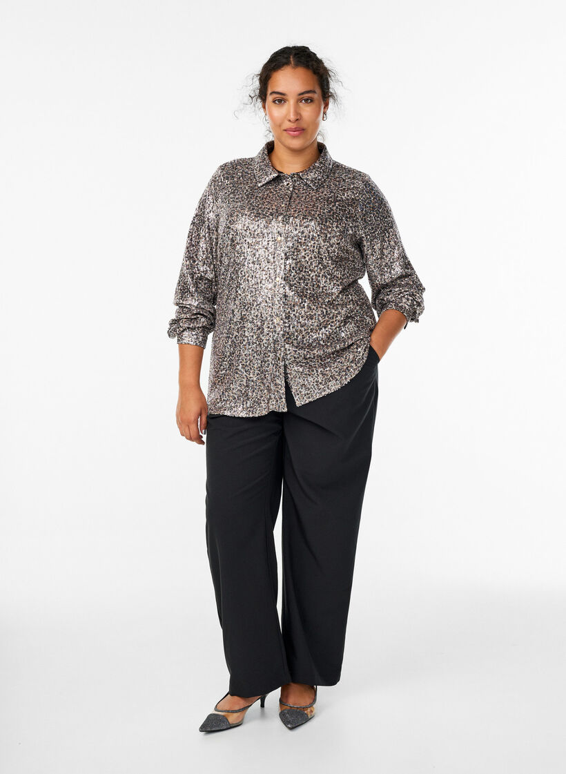 Sequin shirt with long sleeves, Brown, Model image number 1