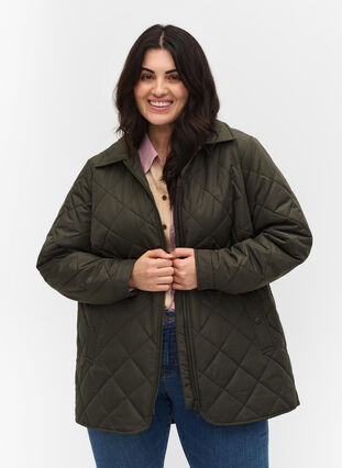 Short quilted jacket with collar, Forest Night, Model image number 0