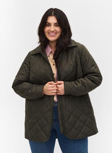 Short quilted jacket with collar, Forest Night, Model image number 0