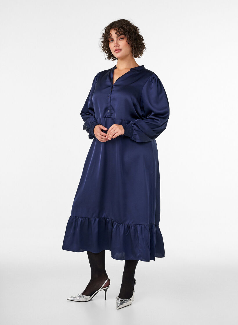 Satin dress with long sleeves and V-neck, Blue, Model image number 0