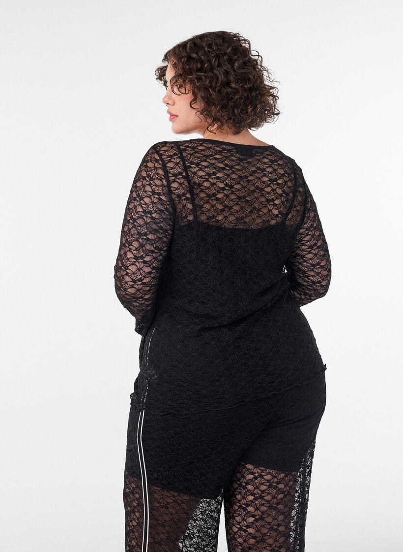 Sheer lace blouse with long sleeves, Black, Model image number 2