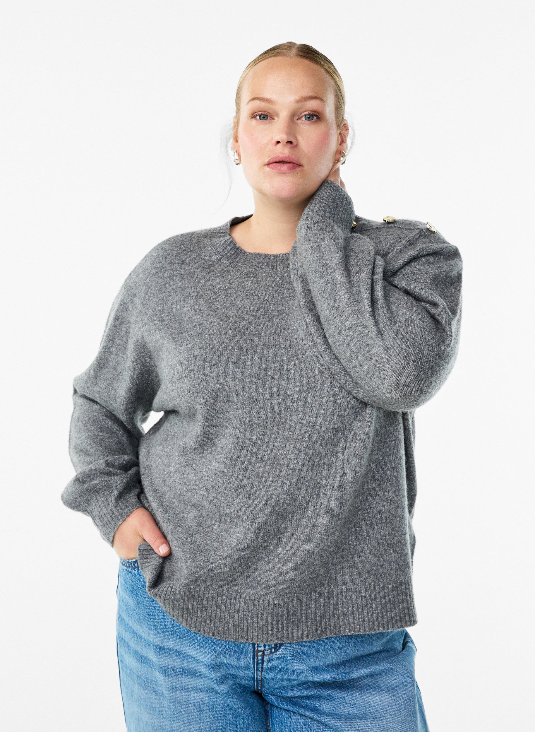 Knit blouse with button detail, Grey, Model