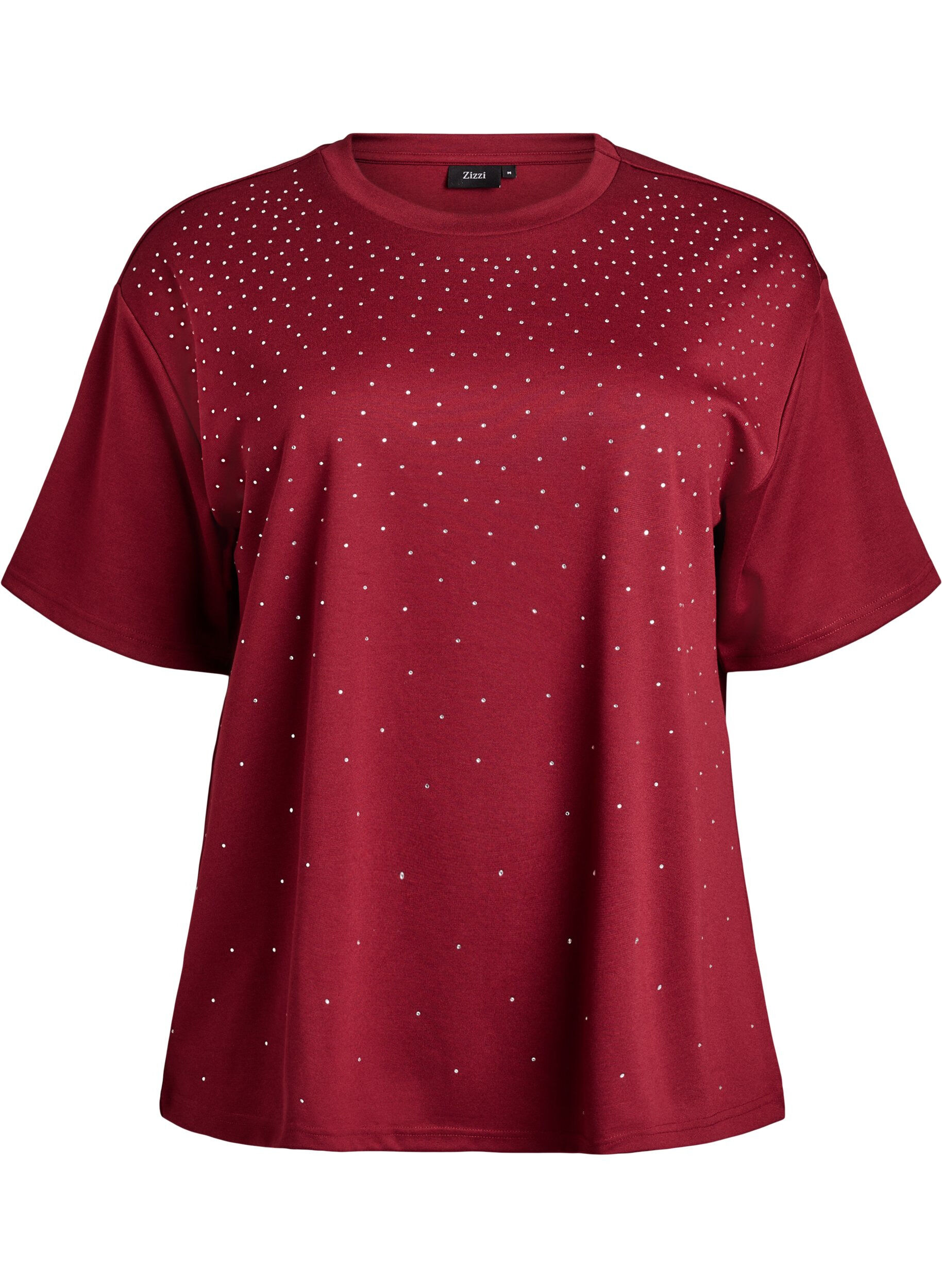 ZizzifashionT-shirt with rhinestones and round neck, Dark Bordeaux, Packshot image number 0