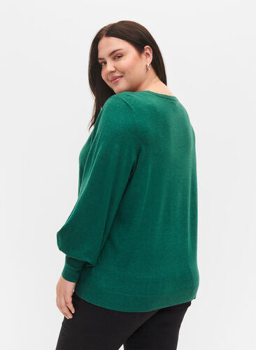 Knitted blouse with viscose and balloon sleeves, Evergreen Mel., Model image number 1