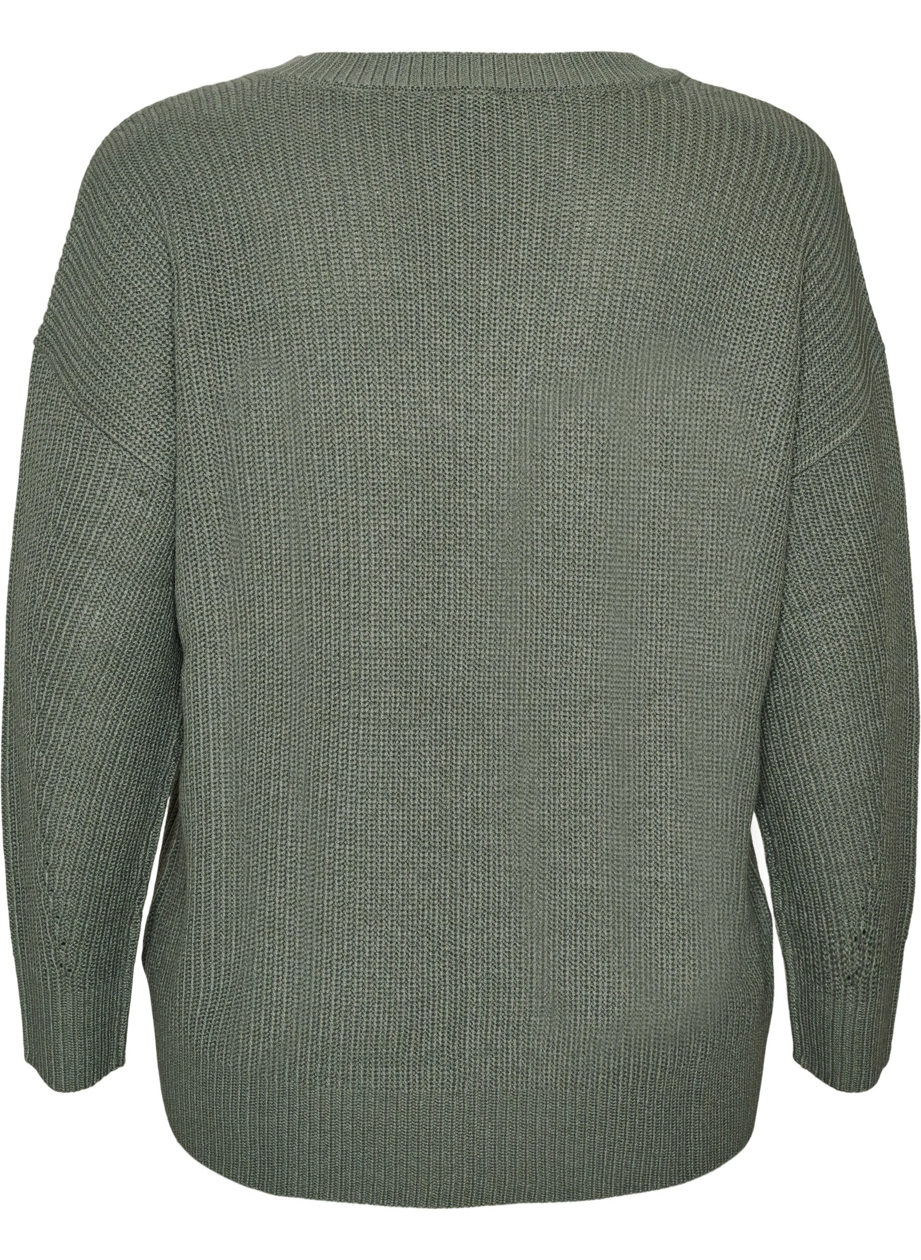 ZizzifashionLong rib-knit blouse with a V-neck, Green, Packshot image number 1