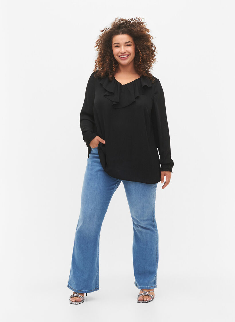 Long sleeve ruffle blouse, Black, Model image number 2