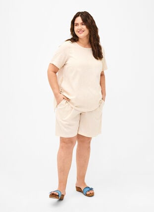 Short-sleeved blouse in a cotton blend with linen and lace detail, Sandshell, Model image number 3