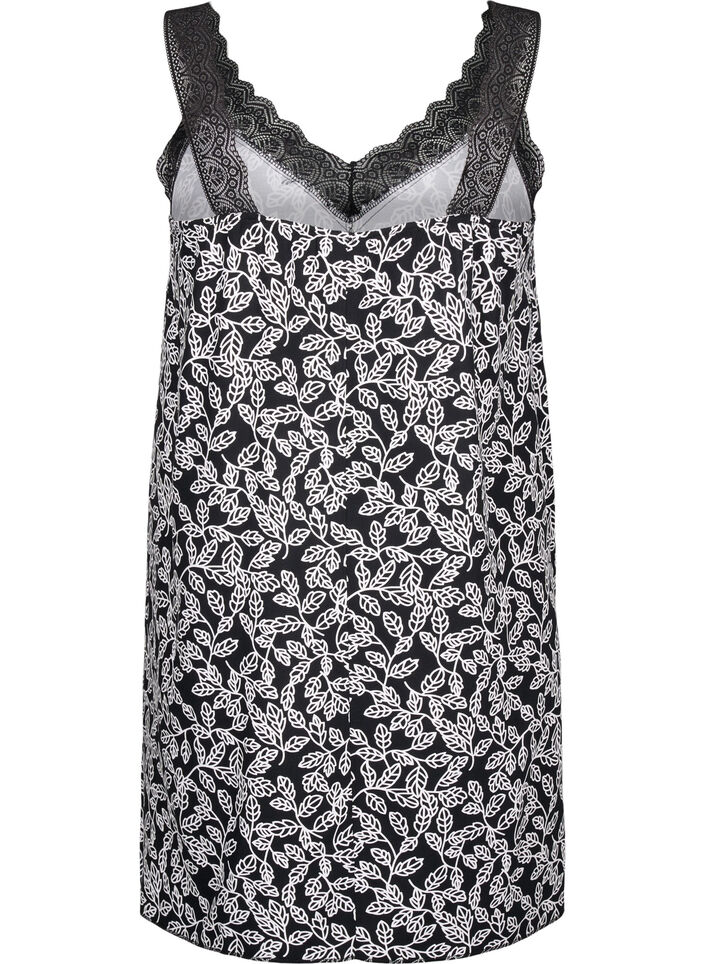 Strap dress in viscose with lace, Black w. Wh.Leaf AOP, Packshot image number 1