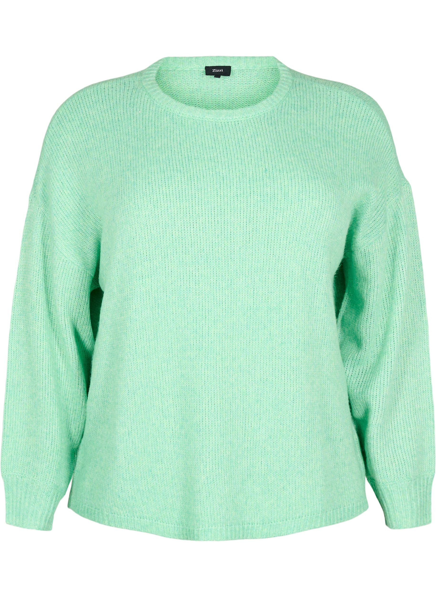 Zizzifashion Long-sleeved knitted jumper with wool and a round neck, Light G. Green Mel., Packshot image number 0