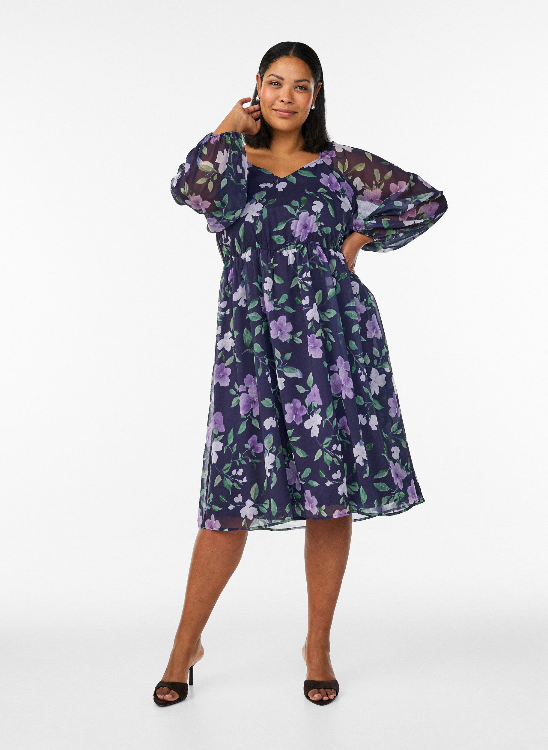 ZizzifashionChiffon party dress with long sleeves, Blue, Model image number 1