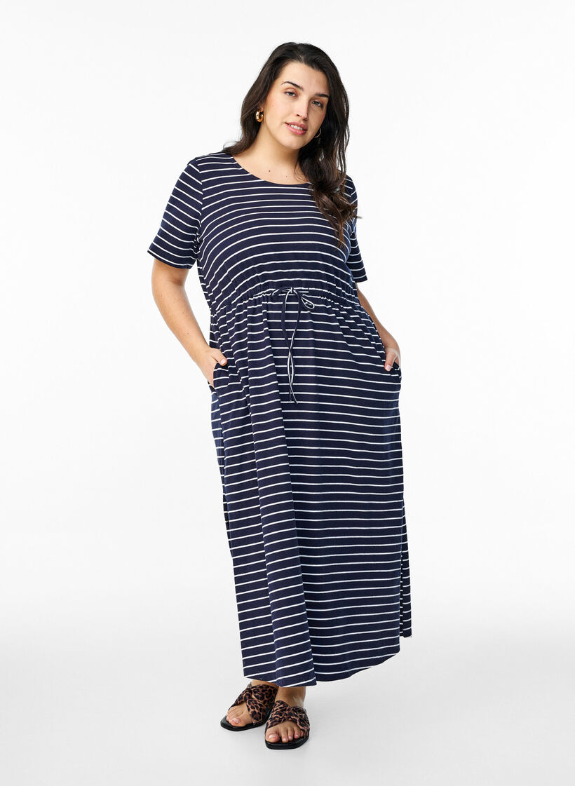 Striped midi dress in cotton with short sleeves, Blue, Model image number 0