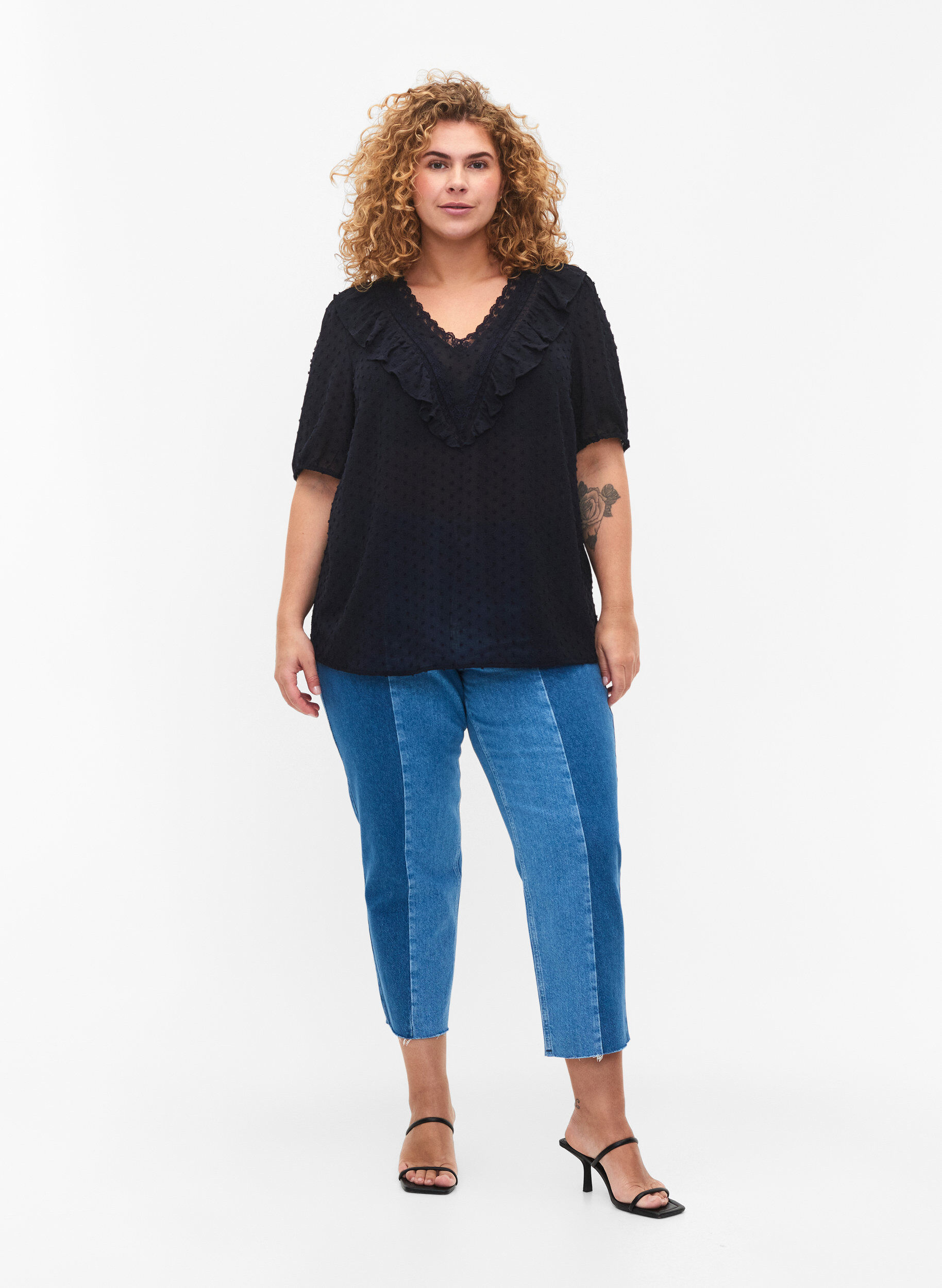 Zizzifashion Blouse with short sleeves and dotted structure, Night Sky, Model image number 2