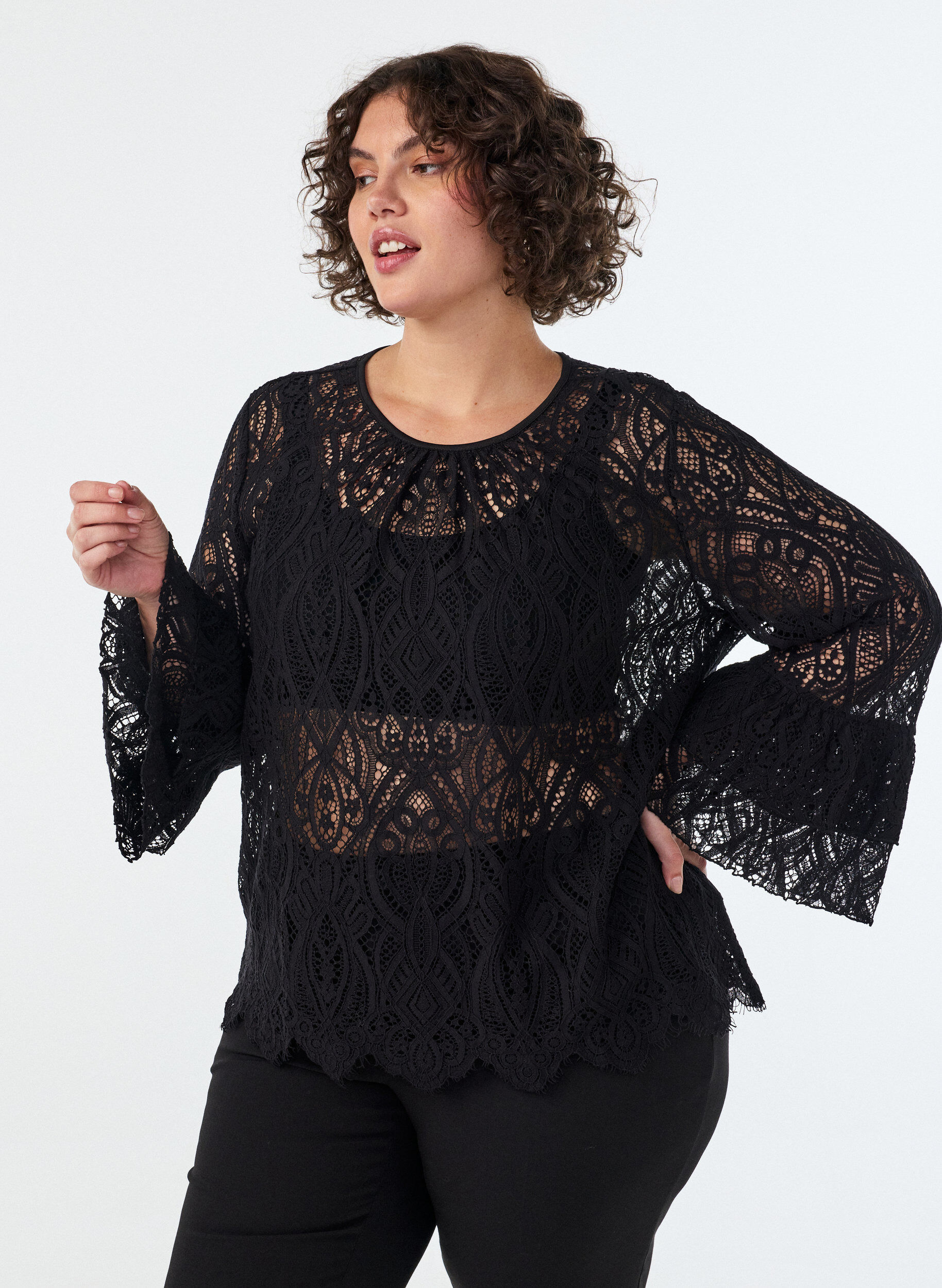 ZizzifashionLace blouse with long trumpet sleeves and ruffles, Black, Model image number 0