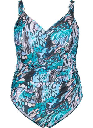 Swimsuit with print and wrap effect, Blue Shell AOP, Packshot image number 0