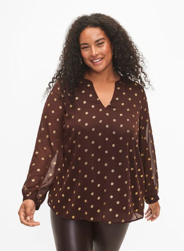 Printed blouse with v-neckline, Fudge/Gold Dots, Model image number 0