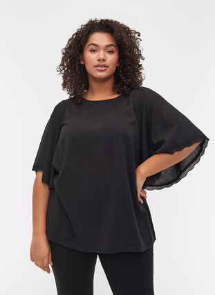 Wide 2/4-length sleeves and lace details, Black, Model image number 0