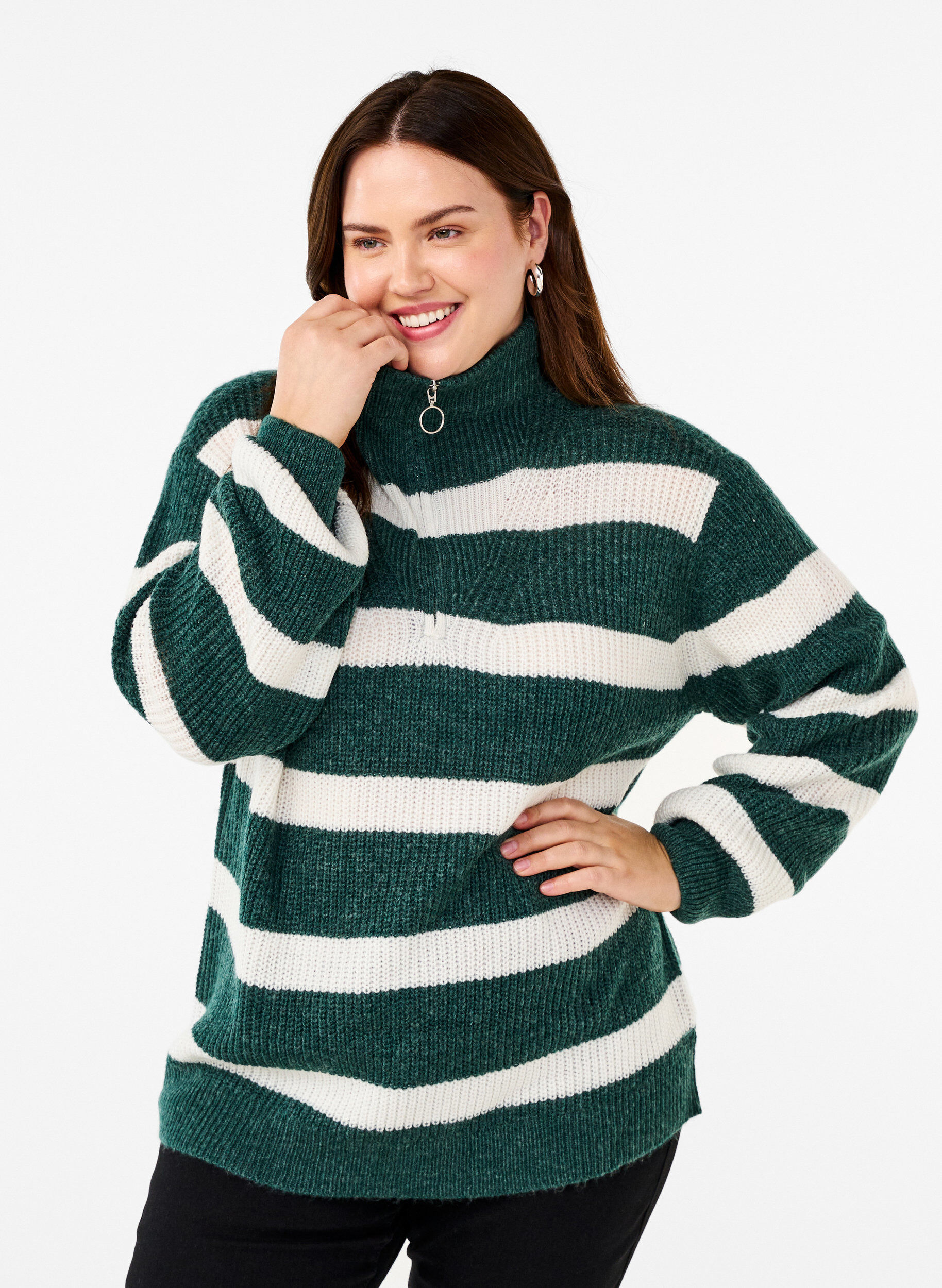 Zizzifashion FLASH - Knitted sweater with high neck and zipper, Green, Model image number 0