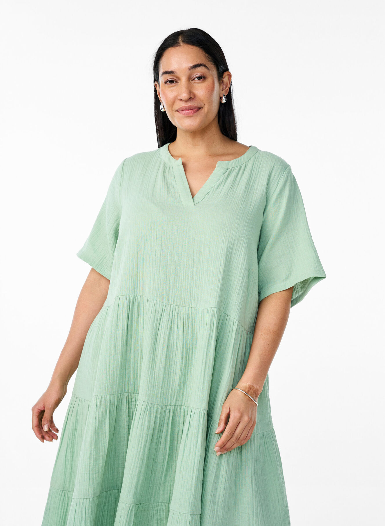 Knee-length cotton muslin dress with an A-line cut - Green - Sz. 40-64 - Zizzifashion Knee-length cotton muslin dress with an A-line cut - Green - Sz. 40-64 - Zizzifashion