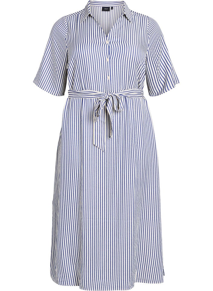 Ankle-length shirt dress with tie belt and stripes, Blue, Packshot image number 0